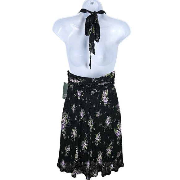 Womens Size S Black Floral Halter Mini Dress With Open Back Lined Sexy Party - Picture 5 of 11